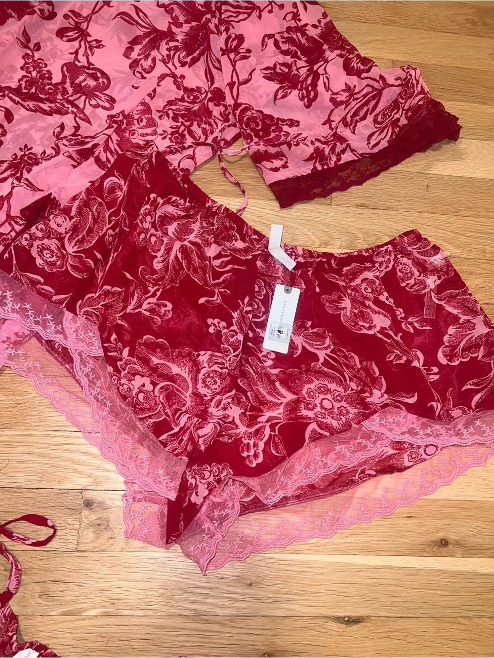Anthropologie LyreBird Red Floral Lace-Trim Robe & short Set